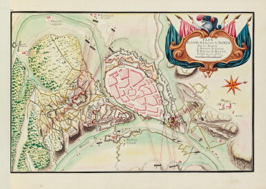 View full screen - View 1 of Lot 44. Ordres des Marches et des Batailles de l'armée du roi Louis XIV. In-folio. 22 plans aquarellés..