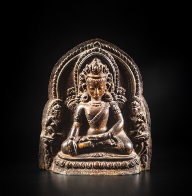 View full screen - View 1 of Lot 83. A gilt-bronze repoussé seated figure of Shakyamuni Buddha, Nepal, 17th century | 尼泊爾 十七世紀 銅鎏金釋迦牟尼佛坐像.