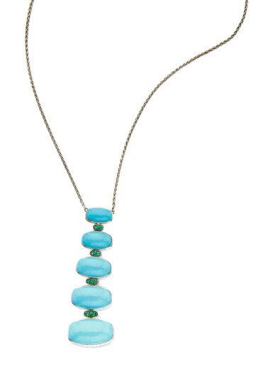 View full screen - View 1 of Lot 20. TURQUOISE AND EMERALD PENDANT-NECKLACE, DE GRISOGONO.
