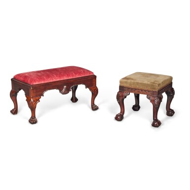 View full screen - View 1 of Lot 80. A George II Mahogany Stool of Square Form, Possibly Circa 1740, together with a later George II Mahogany Stool of Rectangular Form.