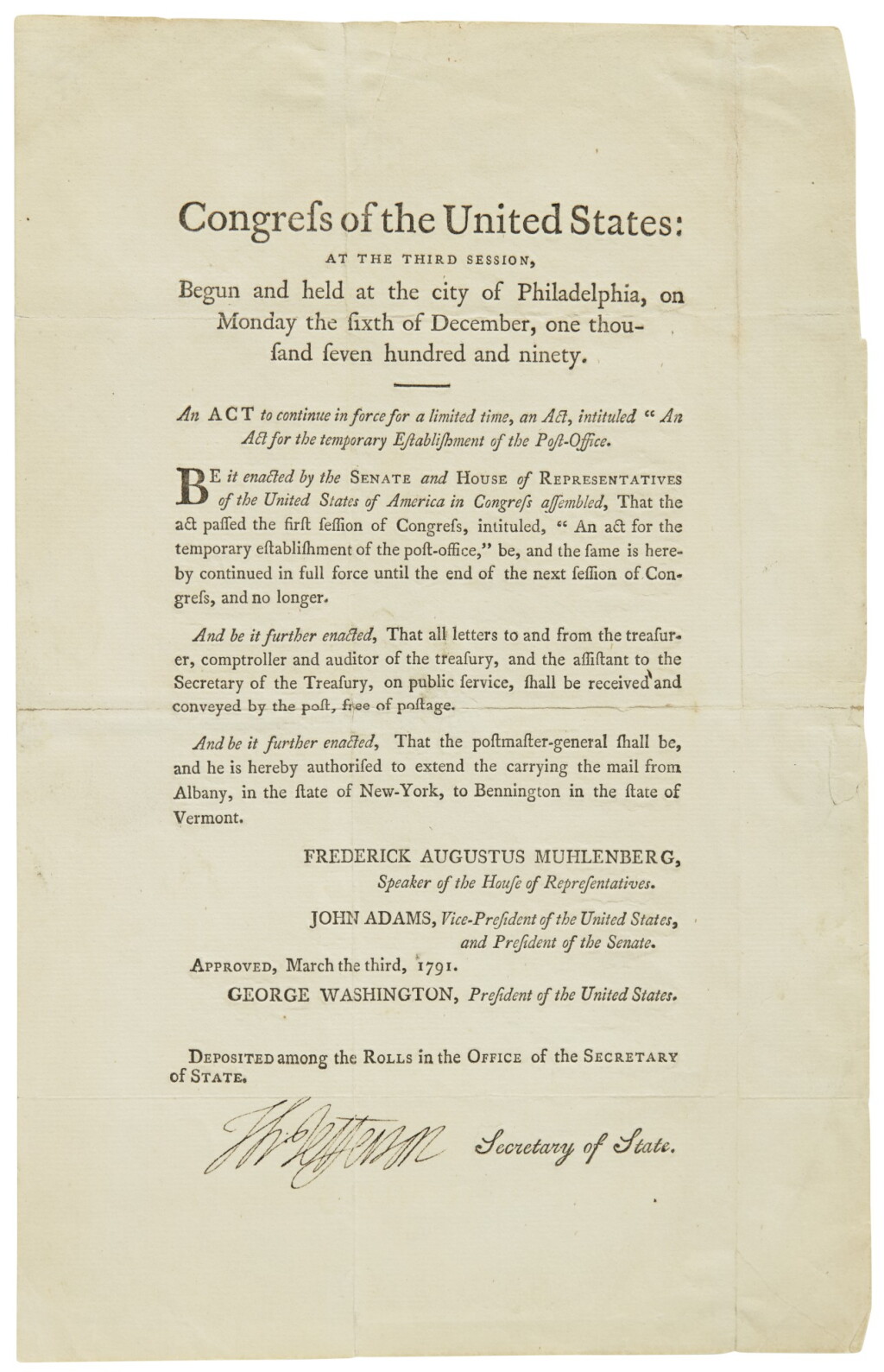 View full screen - View 1 of Lot 2121. Jefferson, Thomas. Printed document signed, being a Post Office Act, 1791.
