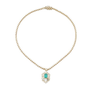View full screen - View 1 of Lot 1195. Emerald and diamond necklace.