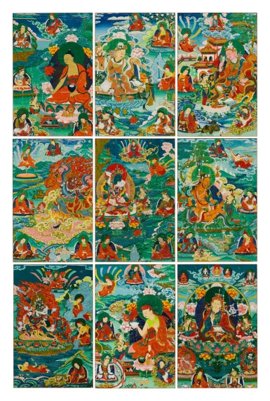 View full screen - View 1 of Lot 6035. A SET OF NINE THANGKAS OF PADMASAMBHAVA, QING DYNASTY, 18TH – 19TH CENTURY | 清十八至十九世紀 蓮花生大師唐卡一組九幅.