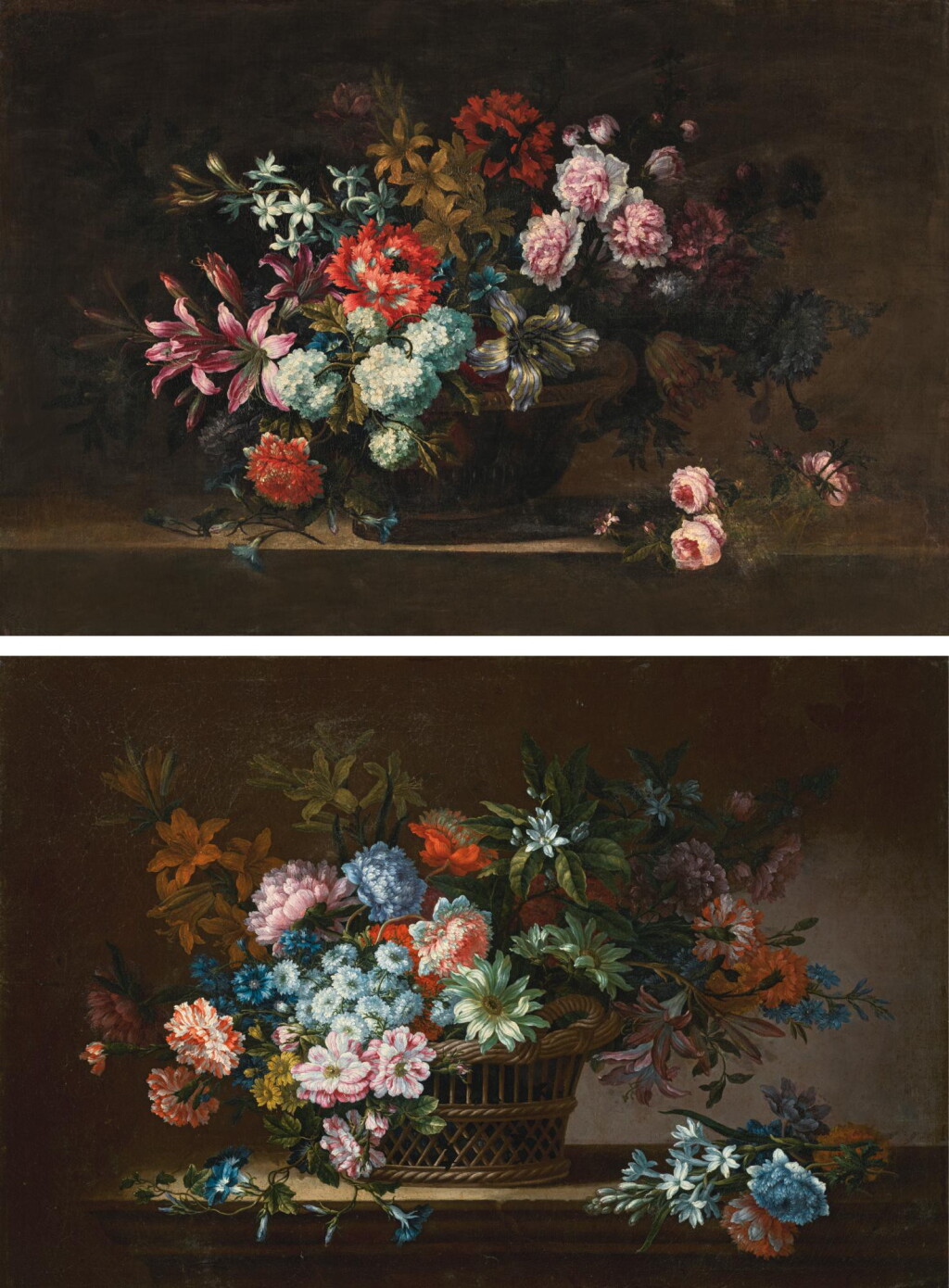 View full screen - View 1 of Lot 181. ANTOINE MONNOYER | Still life of peonies, carnations, poppies and other flowers in a bronze urn on a stone ledge; and Still life of chrysanthemums, jasmine, lilies and carnations in a wicker basket on a stone ledge.