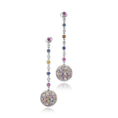 View full screen - View 1 of Lot 766. Pair of gem set and diamond earrings.