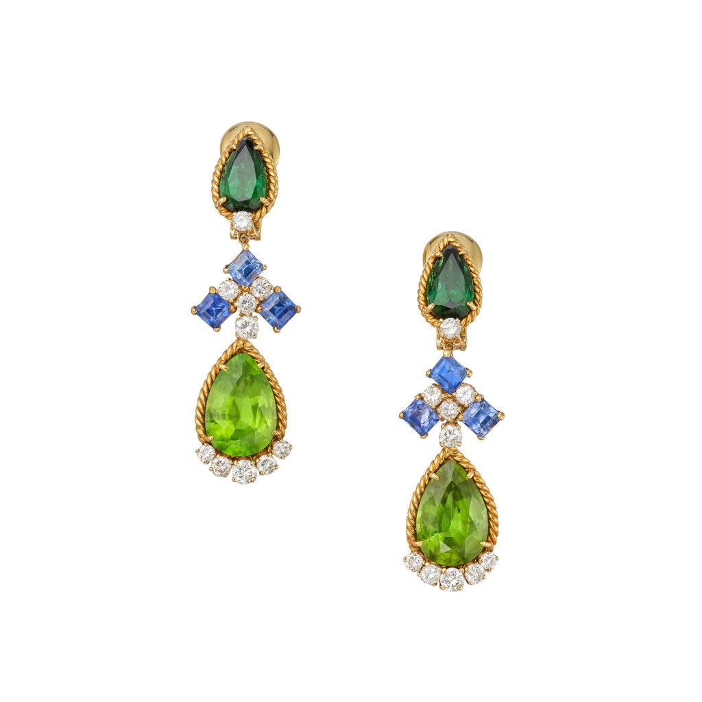 View full screen - View 1 of Lot 46. Pair of Peridot, Tourmaline, Sapphire and Diamond Earclips.
