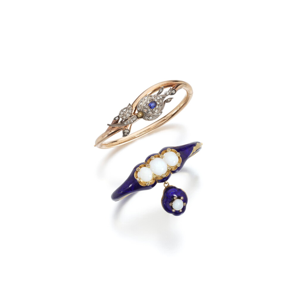 View full screen - View 1 of Lot 1148. Opal, enamel and diamond bangle and a sapphire and diamond bangle, mid-19th century.