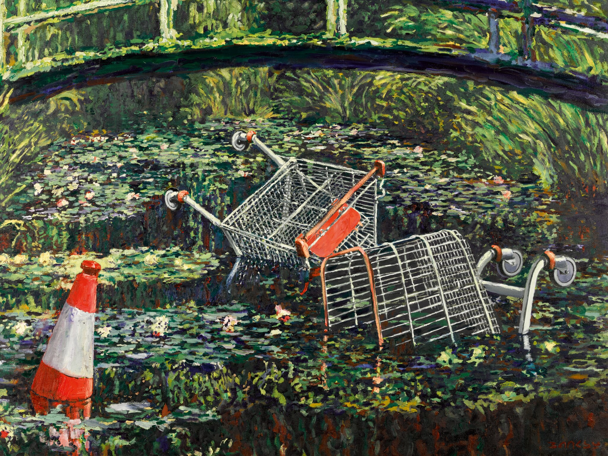 Détail de Show Me the Monet de Banksy, objets jetés dans le bassin