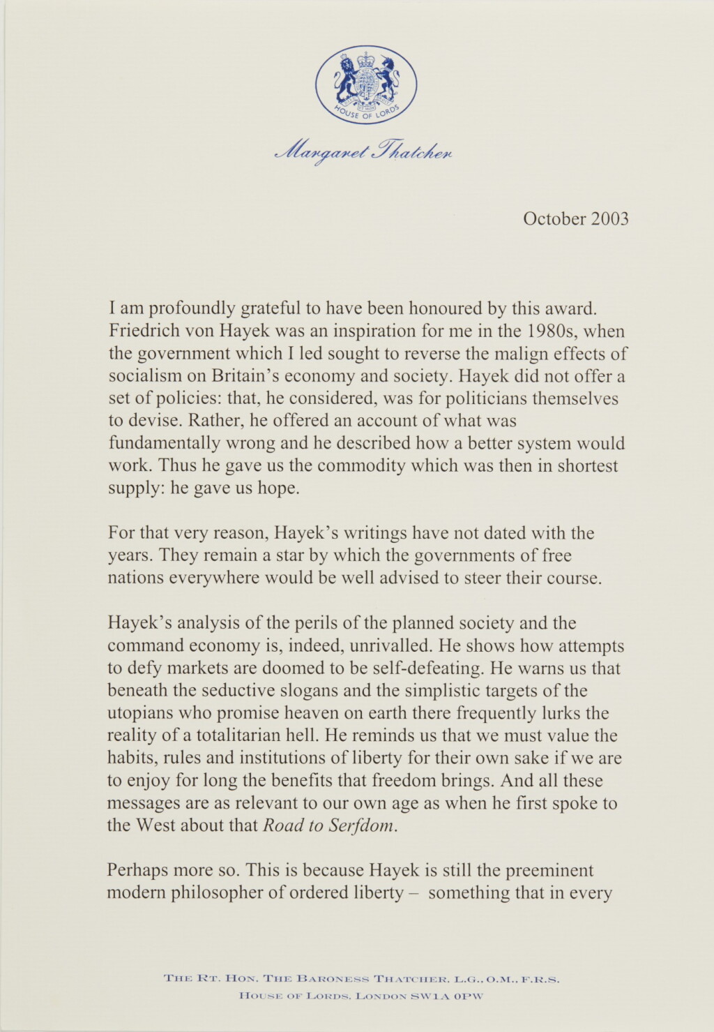 View full screen - View 1 of Lot 23. MARGARET THATCHER, SIGNED SPEECH ON HAYEK, 2003.