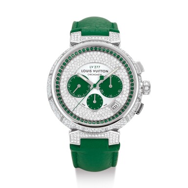 View full screen - View 1 of Lot 2242. LOUIS VUITTON | TAMBOUR, REFERENCE Q1E90 A BRAND NEW LIMITED EDITION WHITE GOLD, DIAMOND AND GREEN SAPPHIRE-SET CHRONOGRAPH WRISTWATCH WITH DATE, CIRCA 2019 " | Louis Vuitton | Tambour 型號Q1E90 限量版白金鑲鑽石及寶石計時腕錶,備日期顯示,機芯編號209158,錶殼編號2/8,約2019年製".