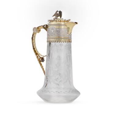 View full screen - View 1 of Lot 72. A Victorian silver-gilt-mounted glass claret jug, Frederick Elkington for Elkington & Co., Birmingham, 1877.