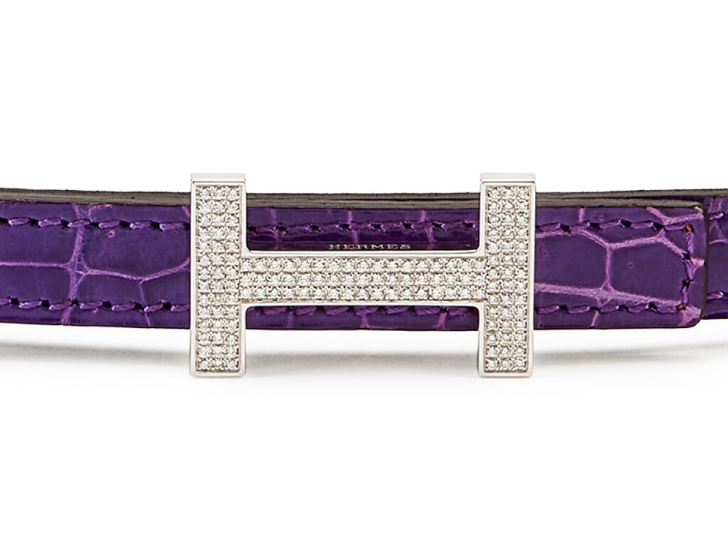 View full screen - View 1 of Lot 5639. Ultra Violet Shiny Porosus Crocodile Belt 18K White Gold and Diamond H Buckle, 2013.