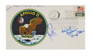 View full screen - View 1 of Lot 44. Buzz Aldrin's FLOWN Apollo 11 Crew-Signed Mission Emblem Cover.