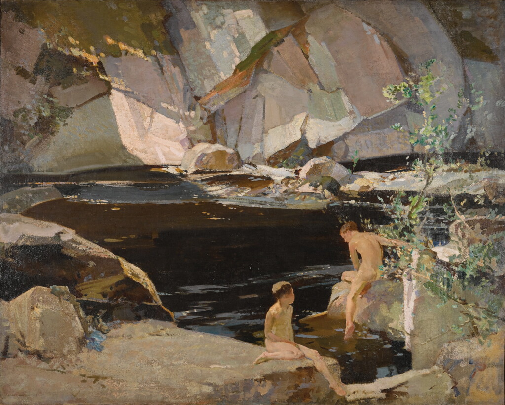 View full screen - View 1 of Lot 37. HARRY WATSON, R.W.S., R.O.I. | TWO BOYS BATHING IN A ROCKPOOL.