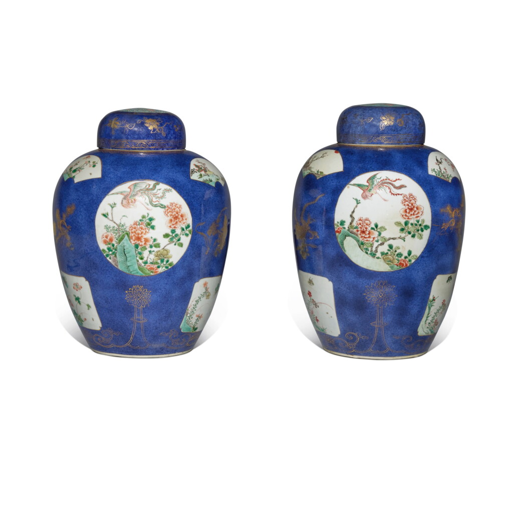 View full screen - View 1 of Lot 8. A pair of powder-blue-ground famille-verte 'phoenix' jars and covers, Qing dynasty, Kangxi period.