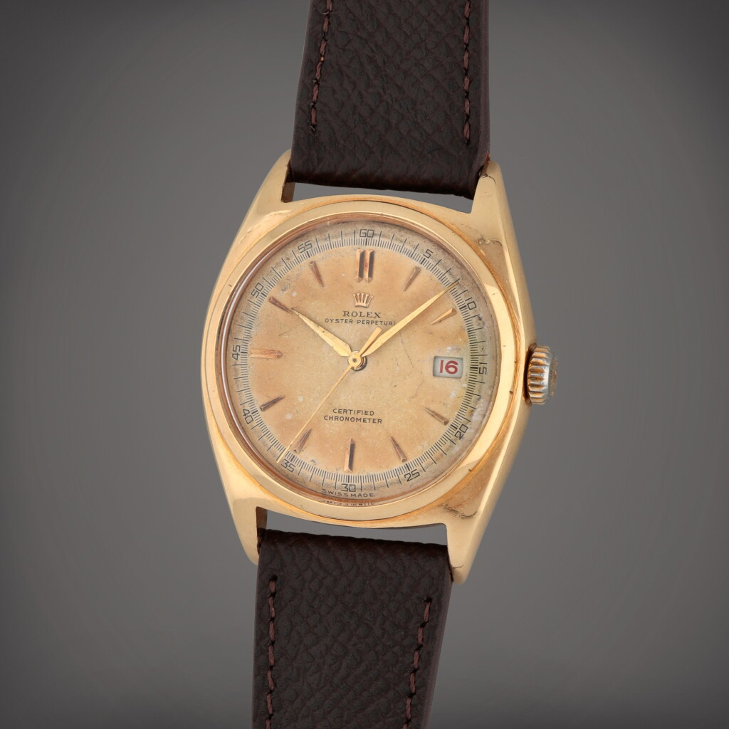 全螢幕檢視 - 查看195Oyster Perpetual 'Ovettone', Reference 6030 | A pink gold wristwatch with date | Circa 1950的1