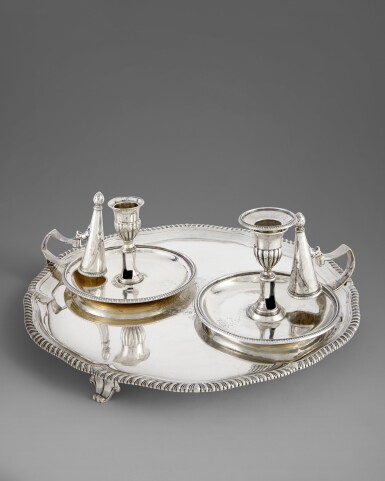 View full screen - View 1 of Lot 664. A George III Silver Salver and Two Chambersticks, John Parker & Edward Wakelin and Richard Cook, London, 1763 and 1802/04.