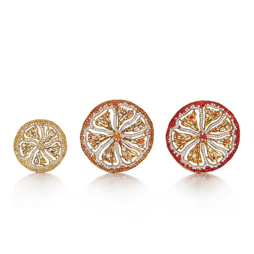 View full screen - View 1 of Lot 1612. Three Coloured Sapphire and Diamond Pendants | 彩色剛玉 配 鑽石 掛墜三枚.