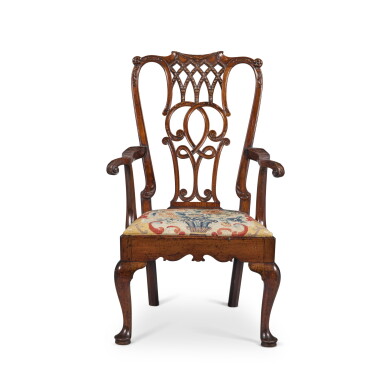 View full screen - View 1 of Lot 94. A George II Style Needlework Upholstered Mahogany Tall Open Armchair, 19th Century.