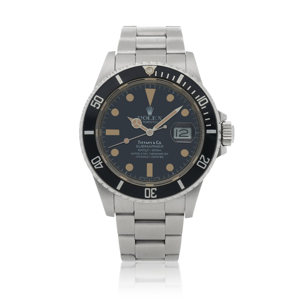 View full screen - View 1 of Lot 518. Retailed by Tiffany & Co.: Submariner, Ref. 16800 Stainless steel wristwatch with date and bracelet Circa 1985 | 勞力士|零售商為蒂芙尼:16800型號「Submariner」精鋼鍊帶腕錶備日期顯示,年份約1985.