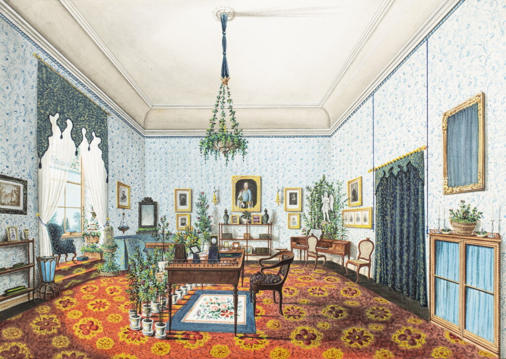 View full screen - View 1 of Lot 245. E. HACKERT | The blue bedroom at the Château de Sagan | La chambre bleue du château de Sagan.