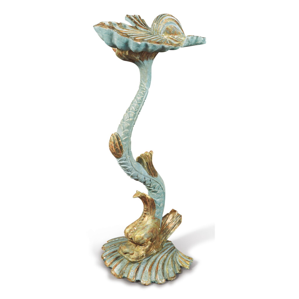 View full screen - View 1 of Lot 16. A VENETIAN BLUE PAINTED AND SILVERED WOOD DOLPHIN-FORM GROTTO STAND, LATE 19TH CENTURY.