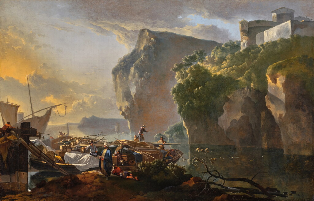 View full screen - View 1 of Lot 12. Rocky Coastline with Figures Loading Cargo on a Barge.
