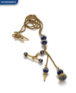 A PEARL, GOLD AND BLUE ENAMEL FOB CHAIN, PROBABLY GENEVA, MID 19TH CENTURY,