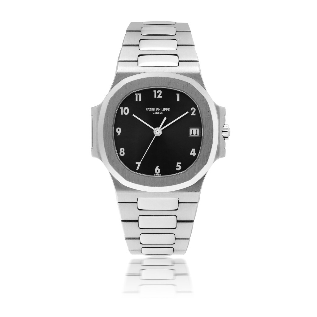 View full screen - View 1 of Lot 102. PATEK PHILIPPE | 'TELEPHONE DIAL' NAUTILUS, REF 3800 STAINLESS STEEL WRISTWATCH WITH DATE AND BRACELET MADE IN 1992.