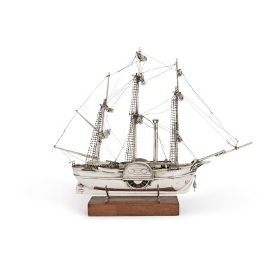 View full screen - View 1 of Lot 447. A Silver Model of a Paddle Steamer, Probably Japanese, Early 20th Century.