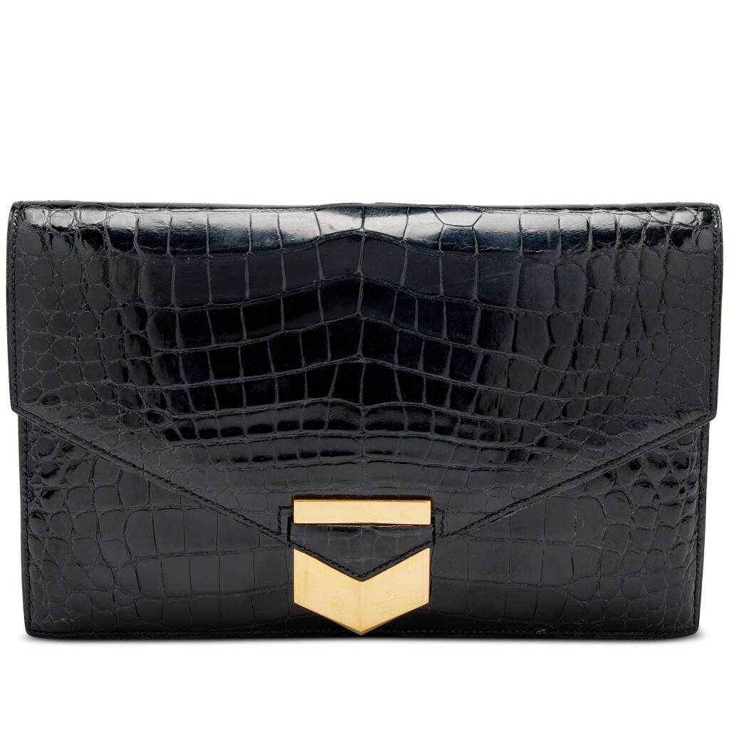 View full screen - View 1 of Lot 1225. Black Shiny Caiman Crocodile Pan Clutch Gold Hardware, 1970s.