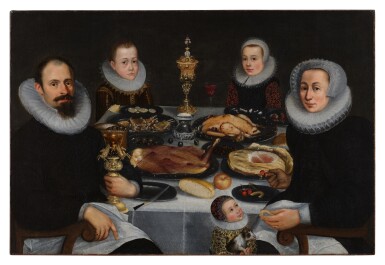 View full screen - View 1 of Lot 229. Family Portrait, Possibly of Andres Dias, Margarethe Essers, and Their Three Children, at a Dinner Table.