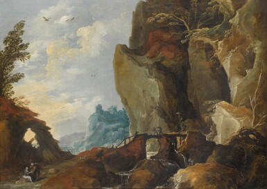 View full screen - View 1 of Lot 132. FOLLOWER OF JOOS DE MOMPER | Mountainous landscape with Judah and Tamar.