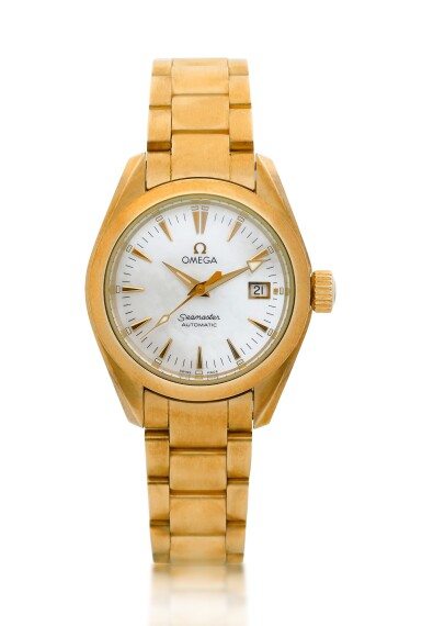 View full screen - View 1 of Lot 8101. Seamaster Aqua Terra, Reference 2173.70.00 | A yellow gold wristwatch with date, mother-of-pearl dial and bracelet, Circa 2008 | 歐米茄 | 海馬系列 Aqua Terra 型號2173.70.00 | 黃金鏈帶腕錶,備日期顯示及珠母貝錶盤,約2008年製.