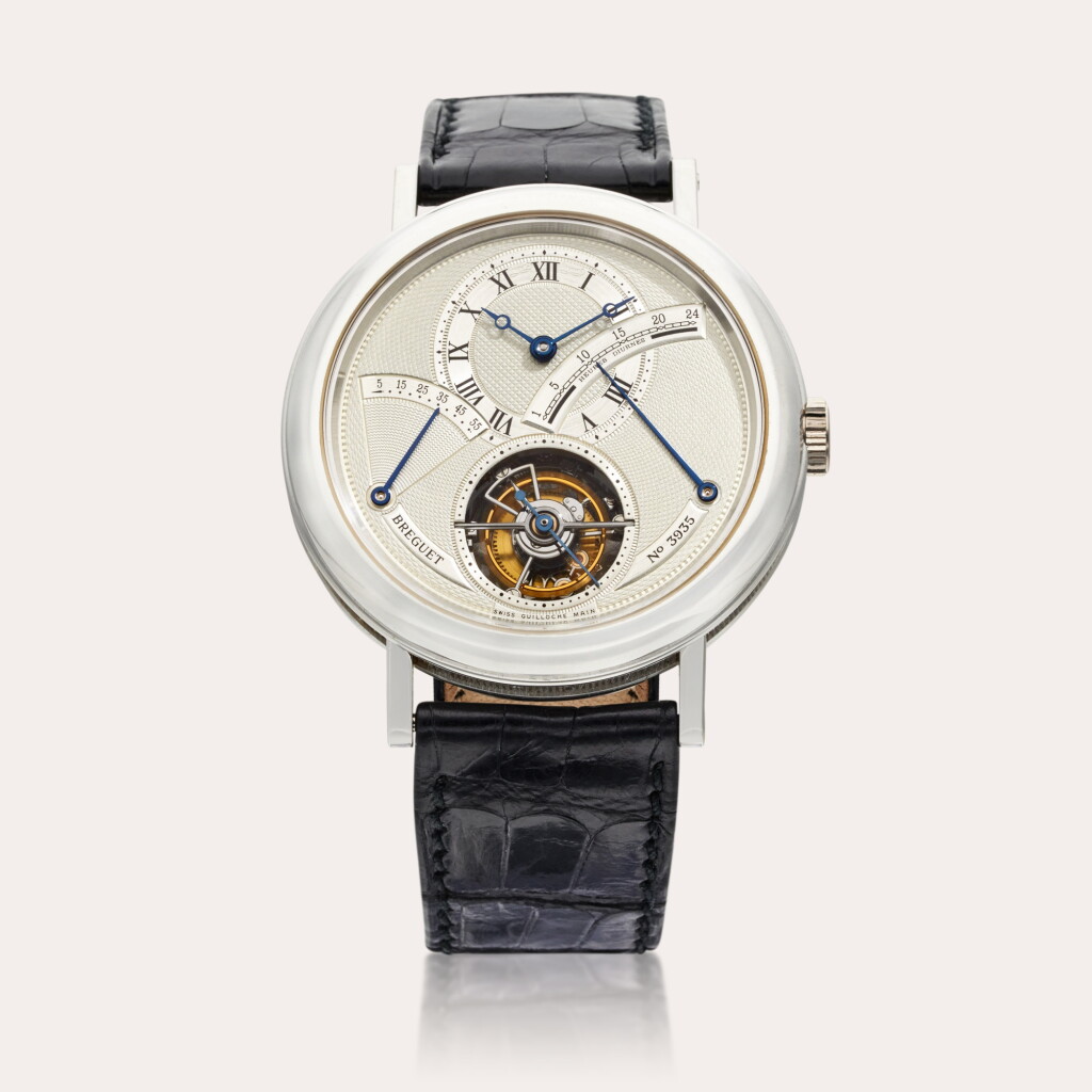 View full screen - View 1 of Lot 252. Reference 3650 Tourbillon | A platinum tourbillon wristwatch with power reserve and retrograde 24-hour indication, Circa 1995.