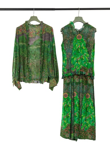 View full screen - View 1 of Lot 340. Haute Couture silk ensemble with floral print on a green background with a selection of accessories.