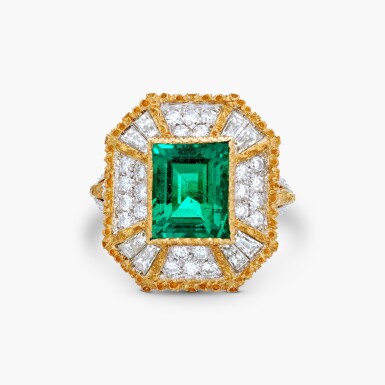 View full screen - View 1 of Lot 653. Emerald and Diamond Ring.