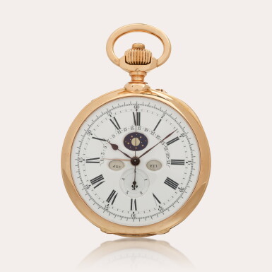 View full screen - View 1 of Lot 71. An 18ct pink gold open-faced two-train perpetual calendar watch with retrograde date and chronograph with jumping fifths.