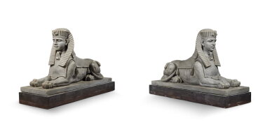 View full screen - View 1 of Lot 587. A Pair of Large Italian Grey Marble Models of Sphinxes, by Vanini, Milan, 19th Century.