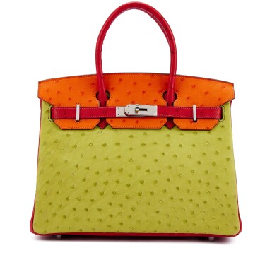 View full screen - View 1 of Lot 1587. Limited Edition Rouge Vif, Tangerine and Vert Anis Ostrich Birkin 30 Palladium Hardware, 2007.