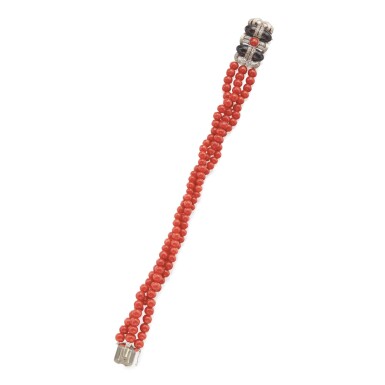View full screen - View 1 of Lot 29. CORAL, ONYX AND DIAMOND BRACELET, LACLOCHE FRÈRES.