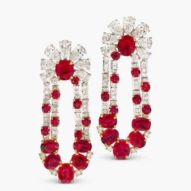 View full screen - View 1 of Lot 1780. Ruby and Diamond Pendent Earrings | 紅寶石 配 鑽石 耳墜一對.