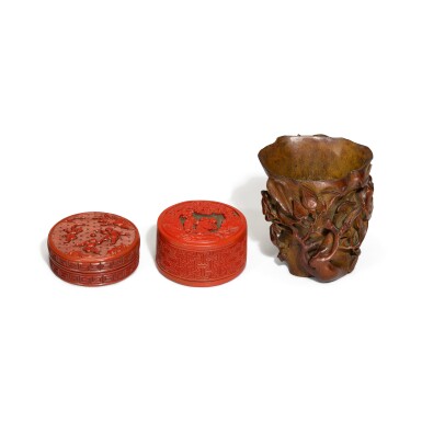 View full screen - View 1 of Lot 268. Two carved cinnabar lacquer boxes, 17th / 18th century and Qing dynasty, Qianlong period | 十七/十八世紀 剔紅嬰戲圖蓋盒、清乾隆 剔紅嬰戲圖圓蓋盒 及 清十八世紀 竹雕花卉紋椿式盃.