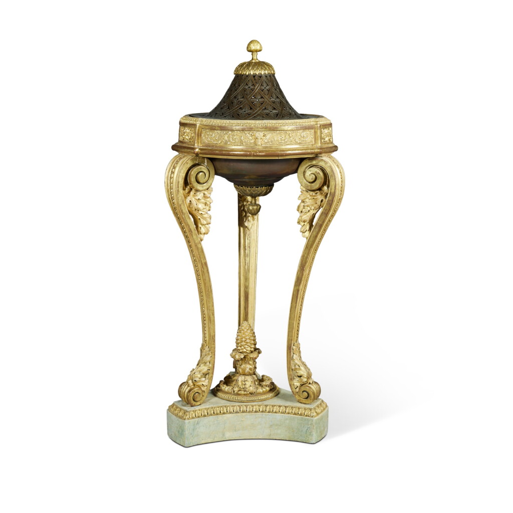 View full screen - View 1 of Lot 1081. A Louis XVI White-Painted and Giltwood Athenienne with Pierced Gilt-Bronze Mounted Patinated Metal Cover, After a Design by Jean-Henri Eberts, Circa 1775.