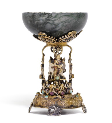 View full screen - View 1 of Lot 113. A silver-gilt and enamel mounted moss agate salt , apparently unmarked, probably Austro-Hungarian, 19th century.