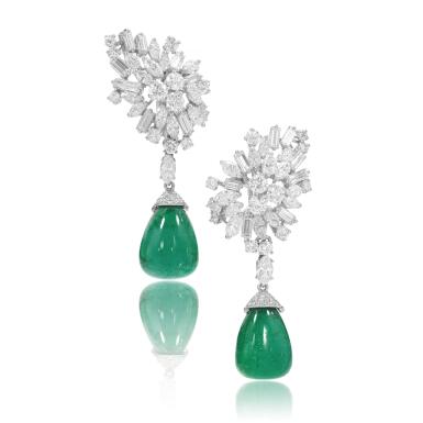 View full screen - View 1 of Lot 574. Pair of emerald and diamond pendent ear clips, 'Shiva', circa 1960.