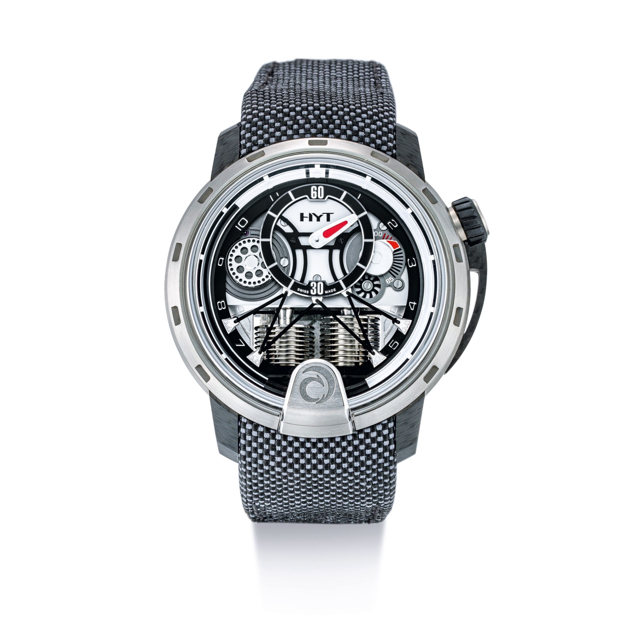 Hyt H1 Alinghi Reference 148 Tc 09 Nf Rc A Limited Edition Titanium And Forged Carbon Semi Skeletonised Wristwatch With Retrograde Fluid Hours And Power Reserve Indication Circa 16 H1 Alinghi 型號148 Tc 09 Nf Rc 限量版鈦金屬及鍛碳半鏤空腕錶 Hyt H1 Alinghi Reference 148 Tc 09 Nf Rc A Limited Edition Titanium And Forged Carbon Semi Skeletonised Wristwatch With Retrograde Fluid Hours And Power Reserve Indication Circa 16 H1 Alinghi 型號148 Tc 09 Nf Rc 限量版鈦金屬及鍛碳半鏤空腕錶