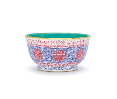 View full screen - View 1 of Lot 2055. A puce and blue-enamelled 'longevity' bowl Seal mark and period of Daoguang | 清道光 胭脂紅藍料百福萬壽盌 《大清道光年製》款.