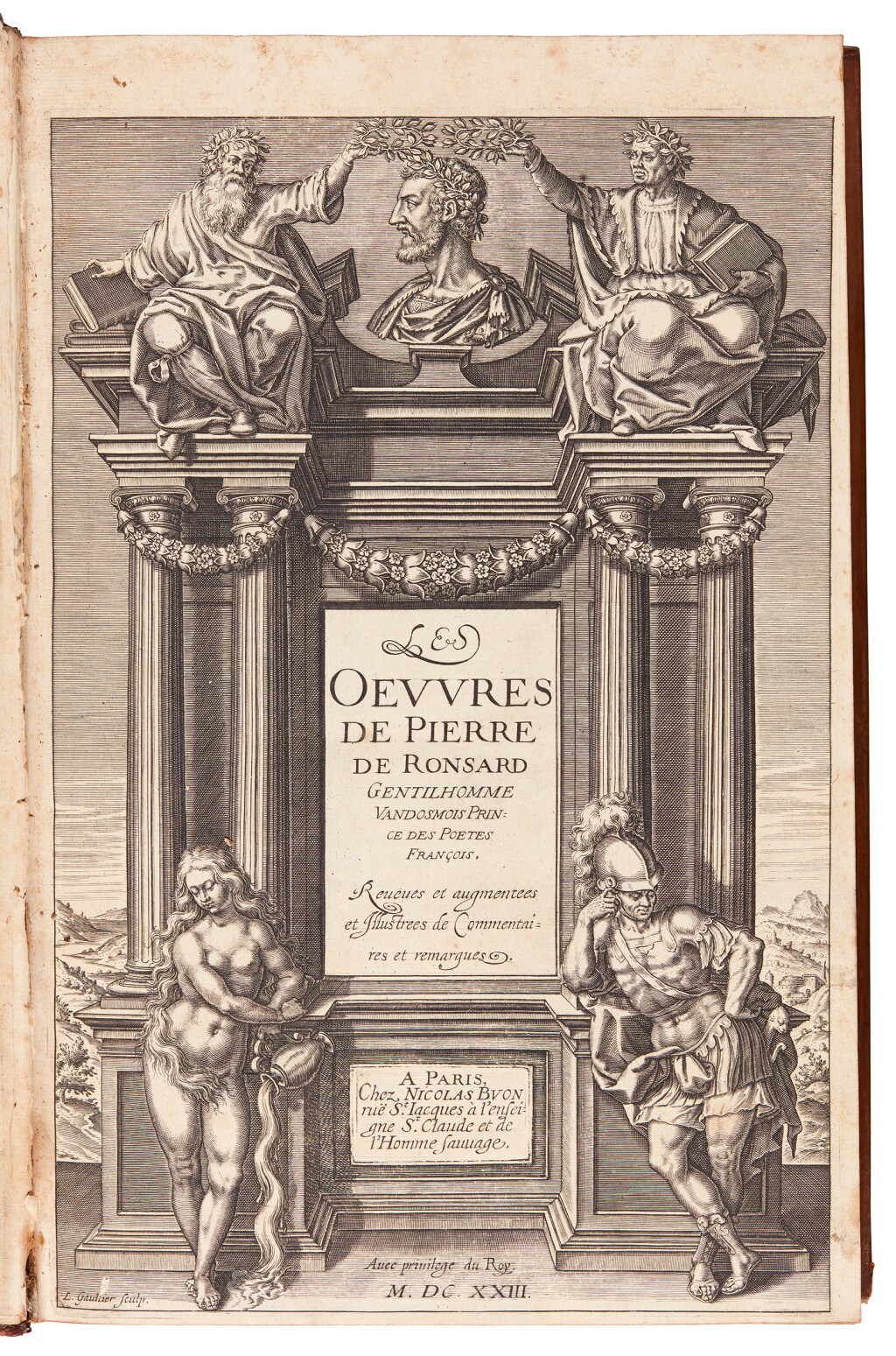 View full screen - View 1 of Lot 127. Ronsard, Les oeuvres, Paris, 1623, 2 volumes, later calf.