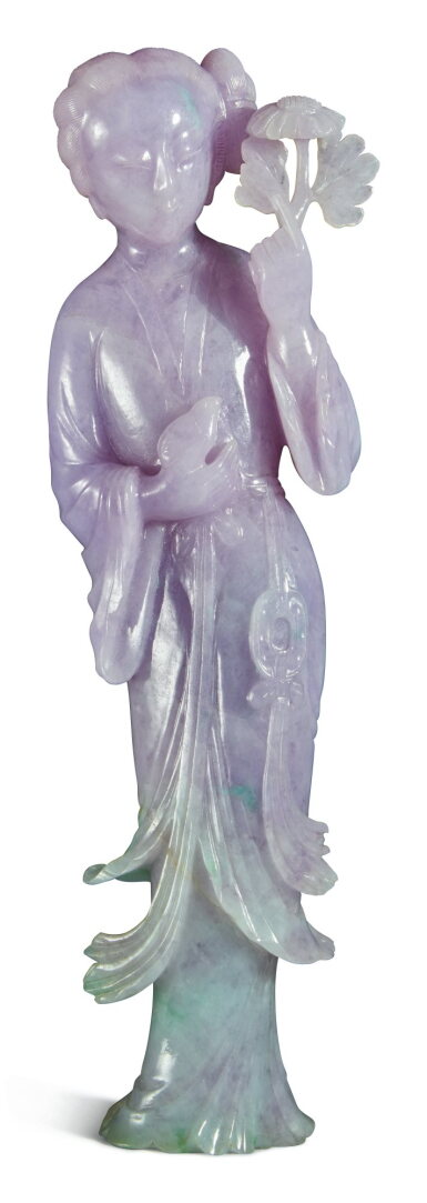 View full screen - View 1 of Lot 109. A lavender jadeite figure of a meiren, Late Qing dynasty / early 20th century | 清末 / 二十世紀初 翡翠雕美人立像.